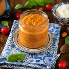 Un vasetto di pesto di pomodori secchi, con pomodorini, mandorle e basilico sparsi sul tavolo di legno.