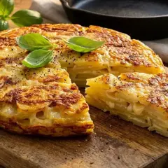 Una gustosa frittata di patate dorata, con fette spesse e guarnita con basilico fresco, pronta per essere gustata.