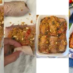 Preparazione di involtini di pesce spada ripieni di pangrattato, pomodorini e pinoli, pronti per essere cotti al forno.