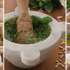 Preparazione del pesto fatto in casa: pestare aglio, sale, basilico, pinoli, parmigiano e olio d'oliva in un mortaio di marmo.