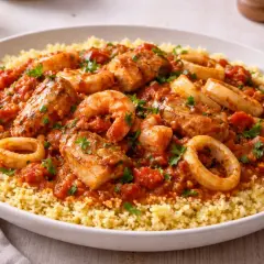 Un invitante cous cous di pesce con gamberi, anelli di calamaro e pezzi di pesce in salsa di pomodoro, guarnito con prezzemolo fresco.