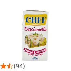 Confezione di besciamella Chef, senza lattosio e senza glutine, con immagine di rotolini di zucchine conditi.