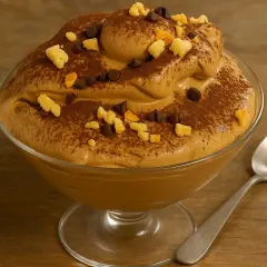 Deliziosa crema di caffè senza panna, spolverata di cacao e guarnita con gocce di cioccolato e pezzetti croccanti. Perfetta per la tua ricetta!