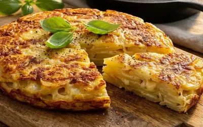 Una gustosa frittata di patate dorata, con fette spesse e guarnita con basilico fresco, pronta per essere gustata.