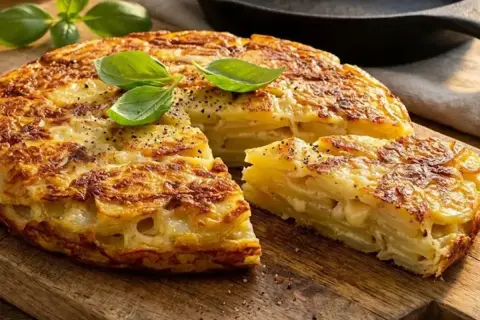 Una gustosa frittata di patate dorata, con fette spesse e guarnita con basilico fresco, pronta per essere gustata.
