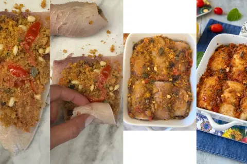 Preparazione di involtini di pesce spada ripieni di pangrattato, pomodorini e pinoli, pronti per essere cotti al forno.