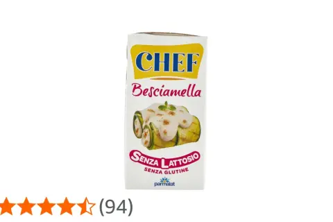Confezione di besciamella Chef, senza lattosio e senza glutine, con immagine di rotolini di zucchine conditi.