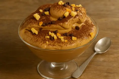 Deliziosa crema di caffè senza panna, spolverata di cacao e guarnita con gocce di cioccolato e pezzetti croccanti. Perfetta per la tua ricetta!