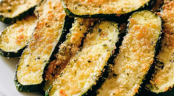 Fette di zucchine al forno, dorate e croccanti, con panatura e erbe aromatiche. Un contorno saporito e leggero.