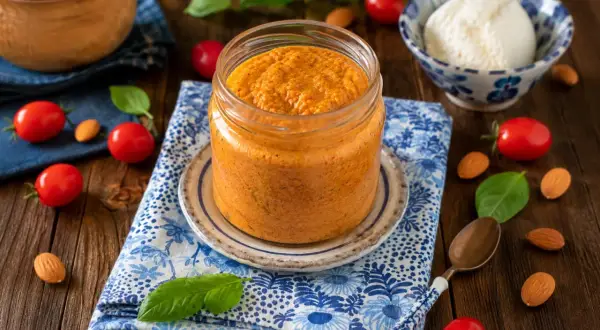 Un vasetto di pesto di pomodori secchi, con pomodorini, mandorle e basilico sparsi sul tavolo di legno.