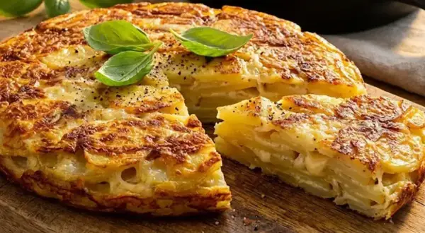 Una gustosa frittata di patate dorata, con fette spesse e guarnita con basilico fresco, pronta per essere gustata.