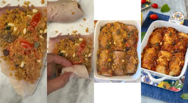 Preparazione di involtini di pesce spada ripieni di pangrattato, pomodorini e pinoli, pronti per essere cotti al forno.