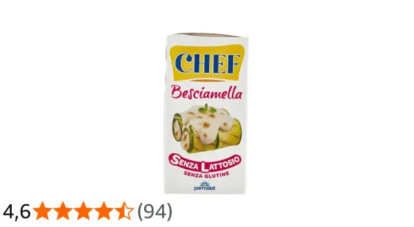 Confezione di besciamella Chef, senza lattosio e senza glutine, con immagine di rotolini di zucchine conditi.