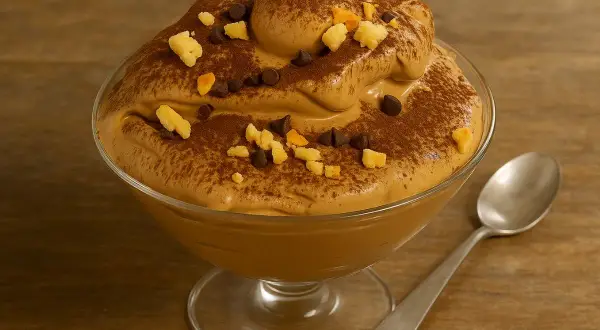 Deliziosa crema di caffè senza panna, spolverata di cacao e guarnita con gocce di cioccolato e pezzetti croccanti. Perfetta per la tua ricetta!