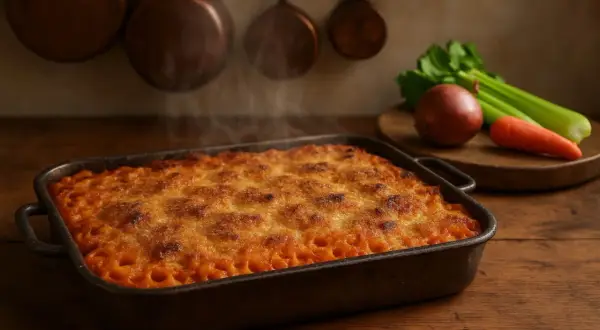 Piatto fumante di anelletti alla siciliana appena sfornati, con crosticina dorata e ingredienti freschi sullo sfondo.