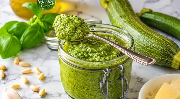 Pesto di zucchine Bimby in un barattolo, con basilico, pinoli, aglio e zucchine fresche.