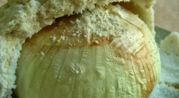 Cipolla Giarratana intera, cotta in padella, avvolta in pane soffice.