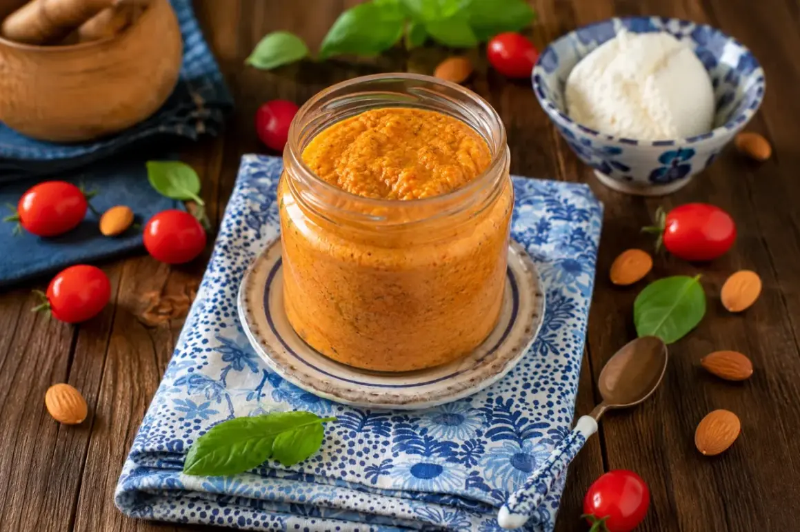 Un vasetto di pesto di pomodori secchi, con pomodorini, mandorle e basilico sparsi sul tavolo di legno.