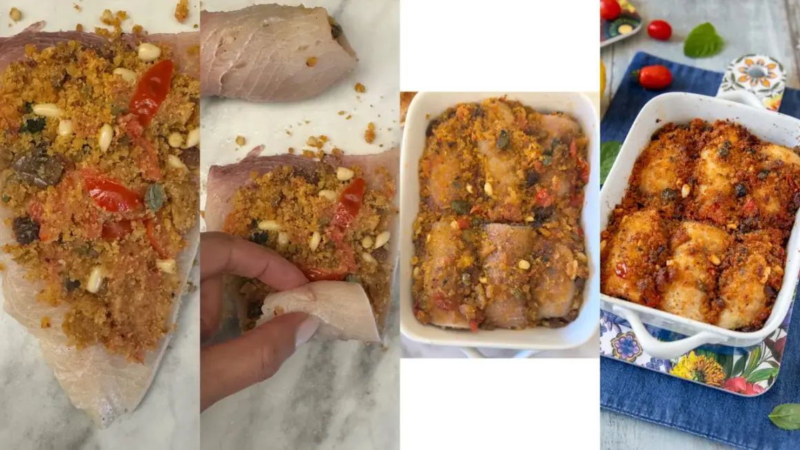 Preparazione di involtini di pesce spada ripieni di pangrattato, pomodorini e pinoli, pronti per essere cotti al forno.