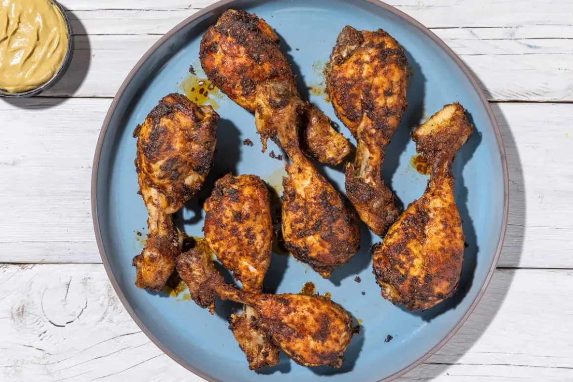 Cosce di pollo in friggitrice ad aria, dorate e succulente, servite su un piatto blu. Accanto, una ciotolina di senape.