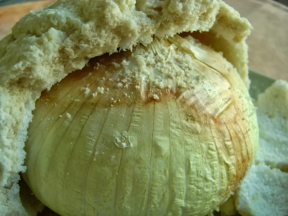 Cipolla Giarratana intera, cotta in padella, avvolta in pane soffice.