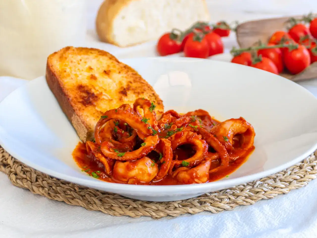 Un piatto invitante di moscardini in umido, serviti con pane tostato e pomodorini freschi.