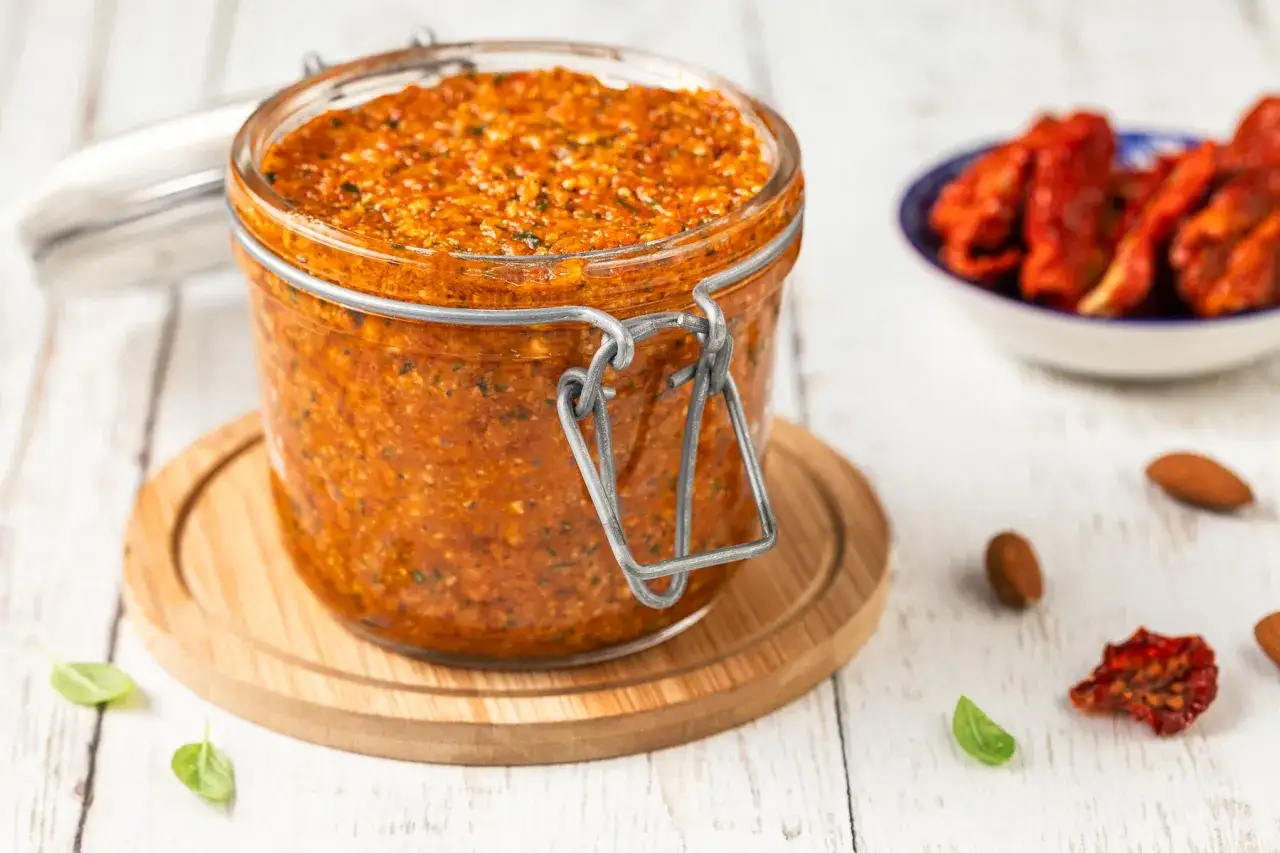 Vaso di vetro pieno di pesto di pomodori secchi, con mandorle e basilico sparsi sul tavolo.