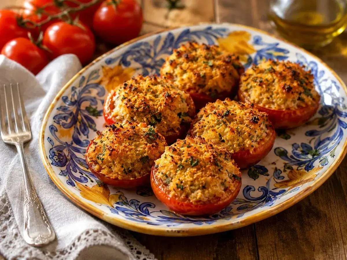 Pomodori al forno ripieni di pangrattato e erbe aromatiche, serviti su un piatto decorato.