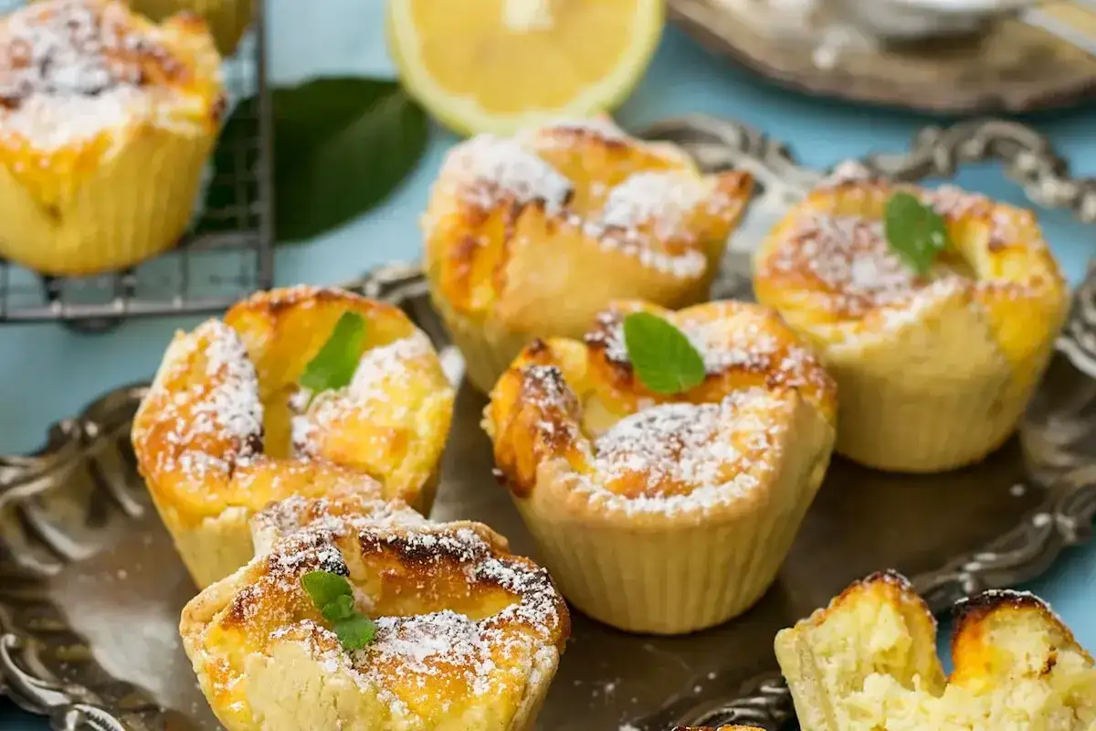 Deliziosi budini di riso in crostata, spolverati di zucchero a velo e guarniti con menta, su un vassoio d'argento.