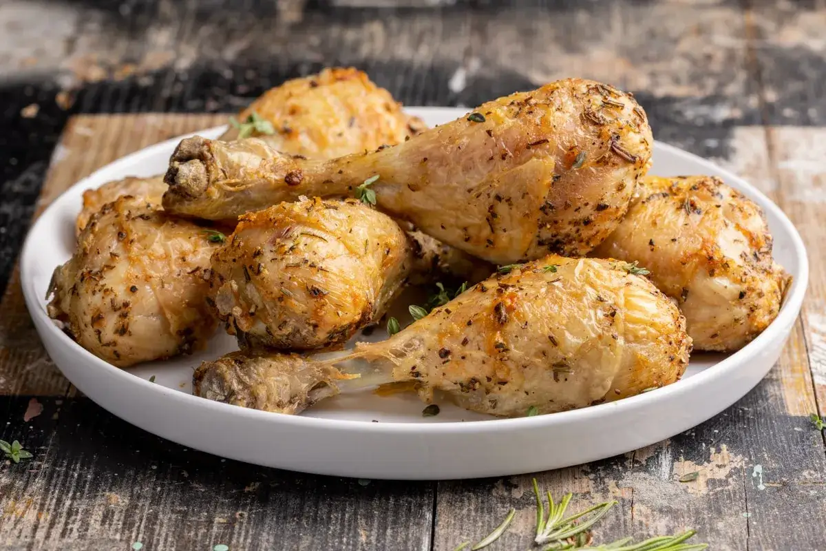Cosce di pollo dorate e succulente, appena sfornate dalla friggitrice ad aria, condite con erbe aromatiche.