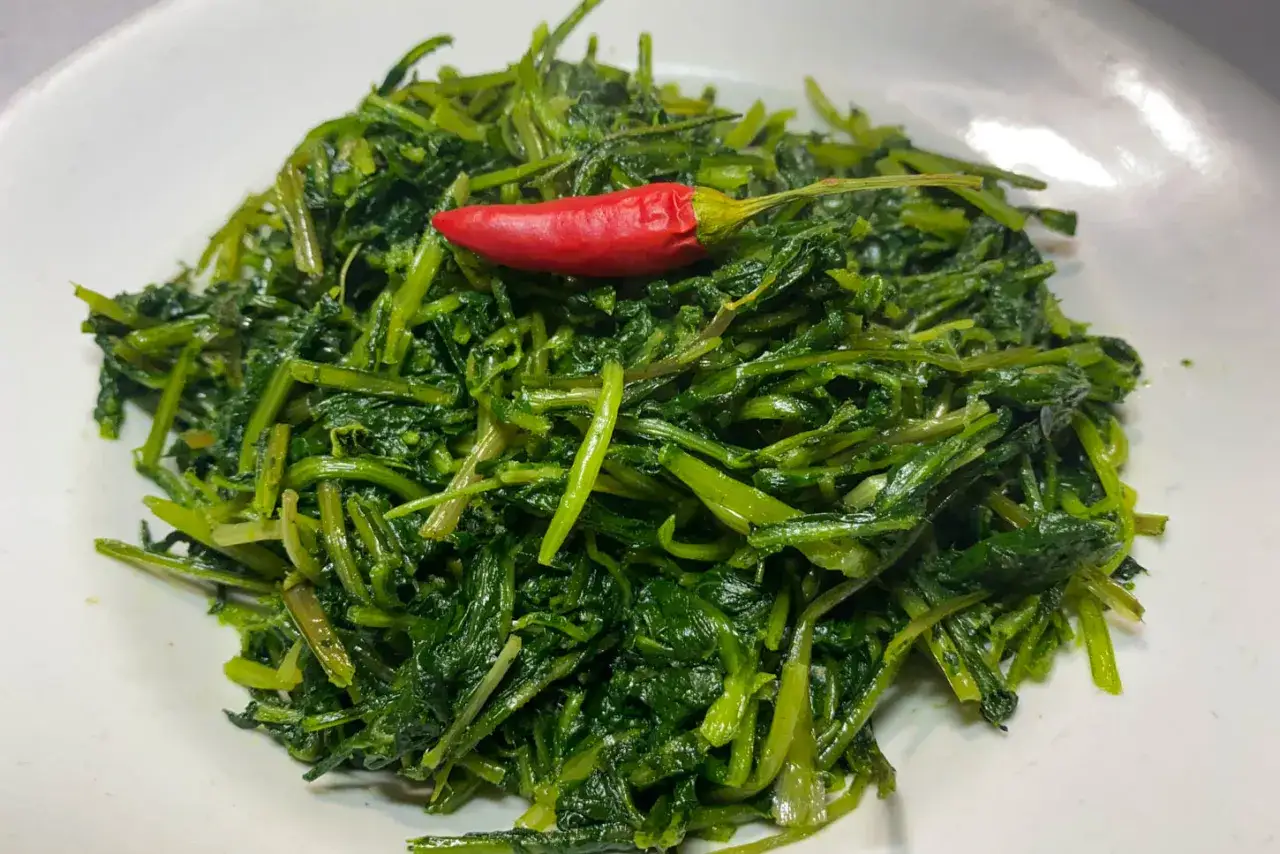 Un piatto invitante di cicoria ripassata, condita con un peperoncino rosso acceso, pronta per essere gustata.