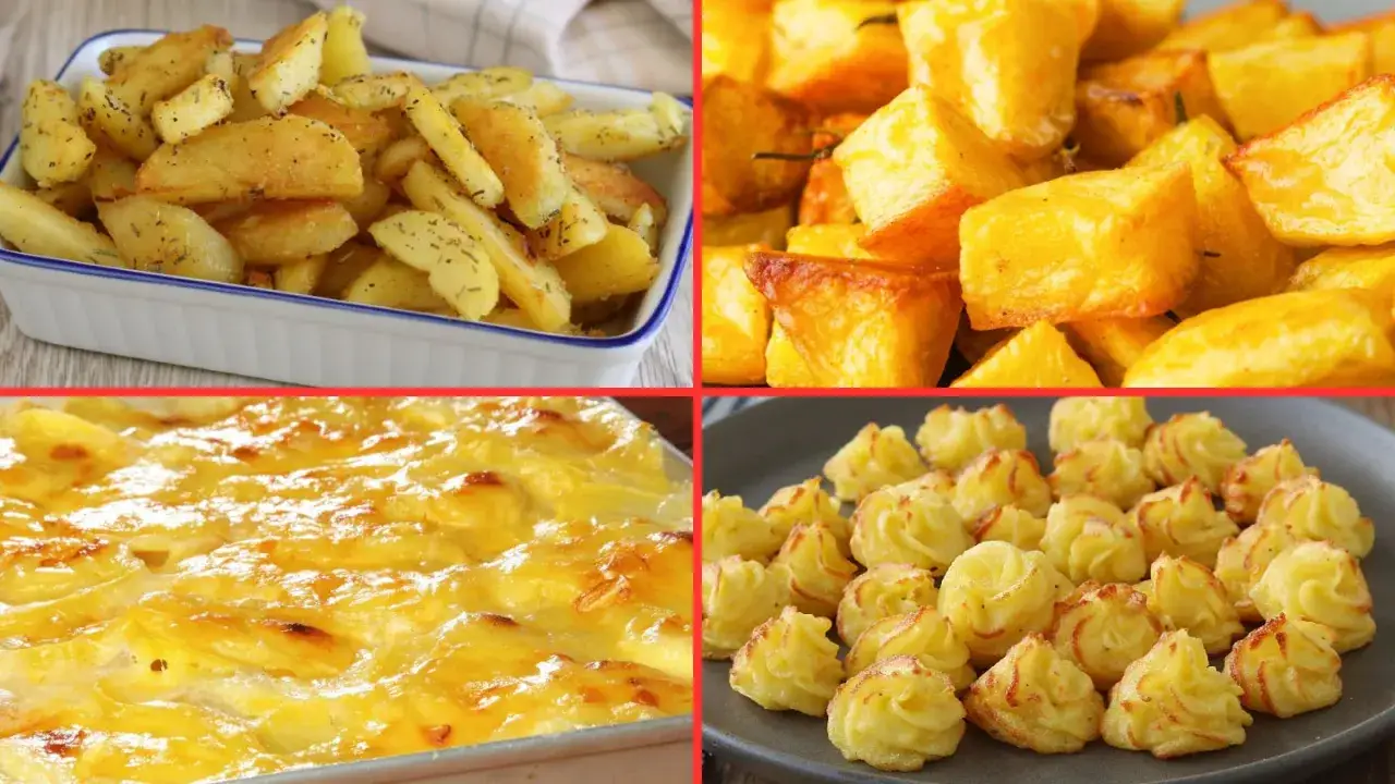 Quattro modi deliziosi per gustare le patate: al forno, arrosto, gratinate e patate bollite a forma di rosa.