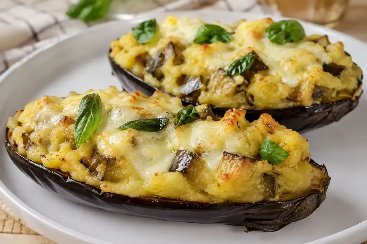Melanzane ripiene e gratinate in friggitrice ad aria, guarnite con basilico fresco.