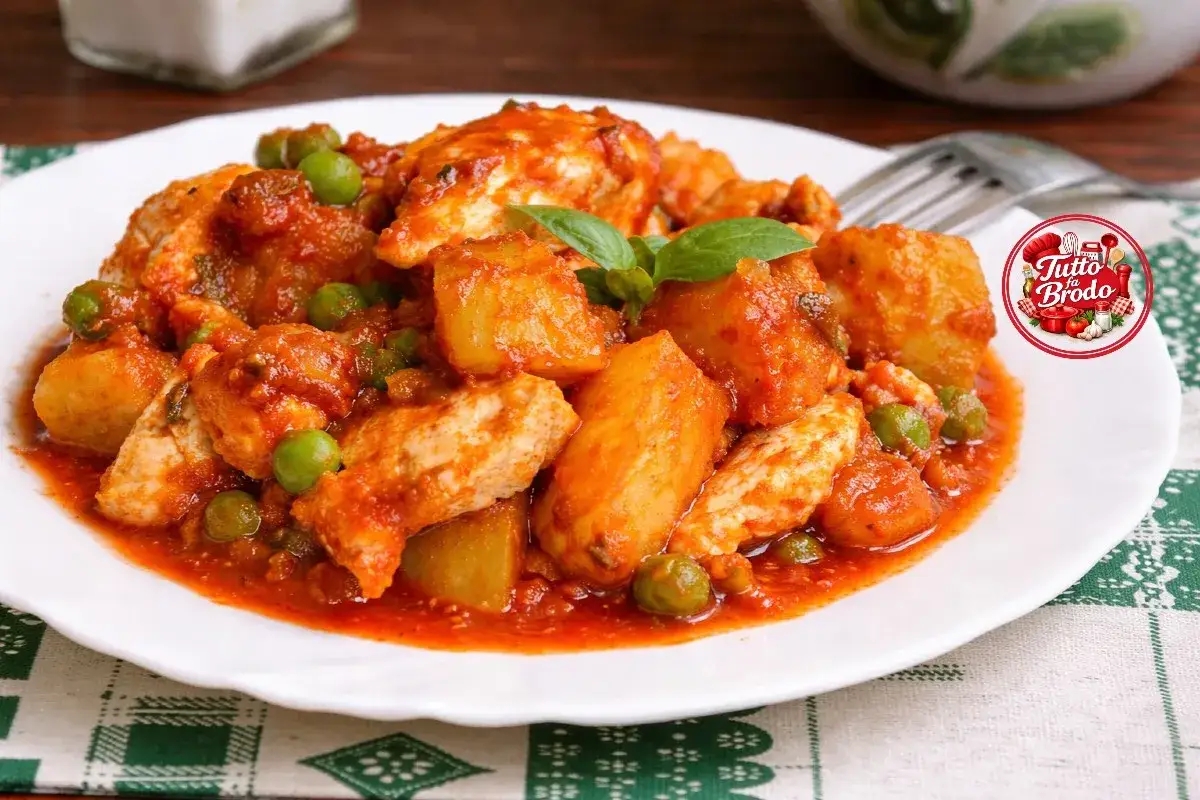 Un saporito spezzatino di pollo con patate e piselli in salsa rossa, guarnito con basilico fresco.