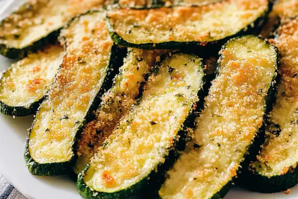 Fette di zucchine al forno, dorate e croccanti, con panatura e erbe aromatiche. Un contorno saporito e leggero.