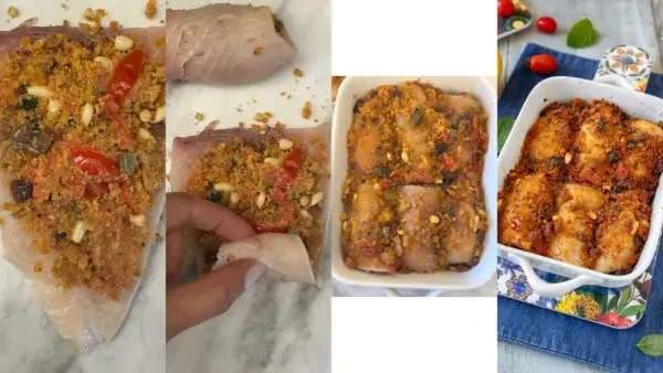 Preparazione di involtini di pesce spada ripieni di pangrattato, pomodorini e pinoli, pronti per essere cotti al forno.