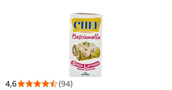 Confezione di besciamella Chef, senza lattosio e senza glutine, con immagine di rotolini di zucchine conditi.