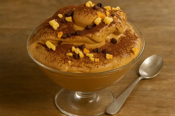 Deliziosa crema di caffè senza panna, spolverata di cacao e guarnita con gocce di cioccolato e pezzetti croccanti. Perfetta per la tua ricetta!