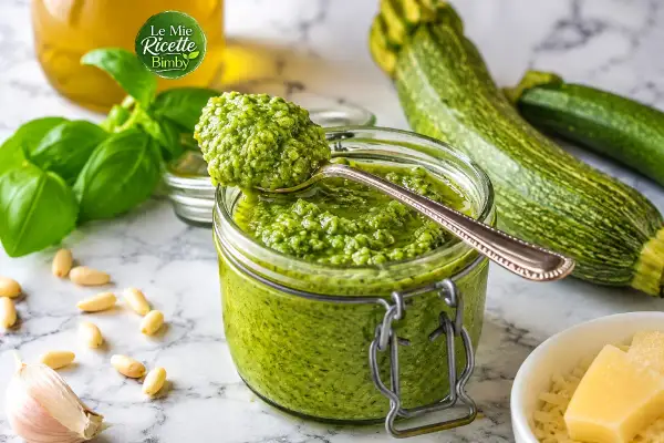 Pesto di zucchine Bimby in un barattolo, con basilico, pinoli, aglio e zucchine fresche.